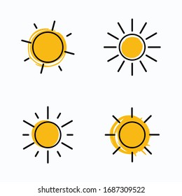 Vector set of suns. Four line art simple two color flat icon solar symbols.
