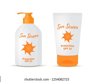 Vector set of sunscreen cream - in bottle and in tube. 3d realistic mock up of skin care cosmetics. Plastic package for liquid lotion. UV protection for tan or against.