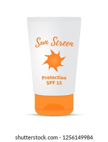Vector set of sunscreen cream - in tube. 3d realistic mock up of skin care cosmetics. Plastic package for liquid lotion. UV protection for tan or against.