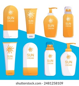 Vector set of sunscreen. Realistic vector set of sunscreen for web design, flyer, banner. Sunscreen for protection from ultraviolet radiation and cold, cleansing and moisturizing, face mask.