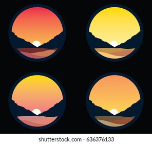 Vector set sunset over mountains
four icons on black background, different colors