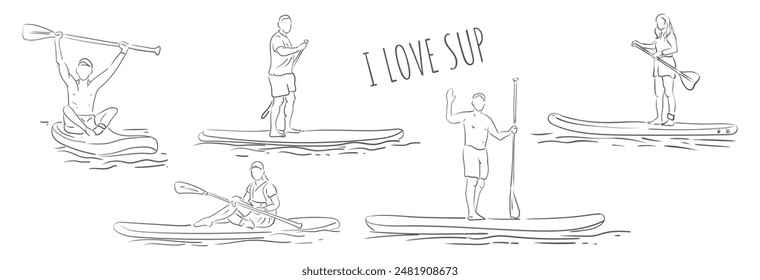 Vector Set SUP paddleboarding. Male and female surfer with paddle. Paddleboarding, SUP fitness on water. Surfrider guy and girl on board. Abstract isolated contour of surfboarder.