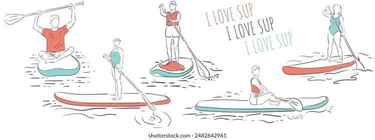 Juego de Vectores SUP paddleboarding. Surfista masculino y femenino con paddle. Paddleboard, SUP fitness en el agua. Surfrider chico y chica a bordo. Abstractas contorno aislado de surfista.