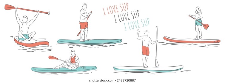 Juego de Vectores SUP paddleboarding. Surfista masculino y femenino con paddle. Paddleboard, SUP fitness en el agua. Surfrider chico y chica a bordo. Abstractas contorno aislado de surfista.