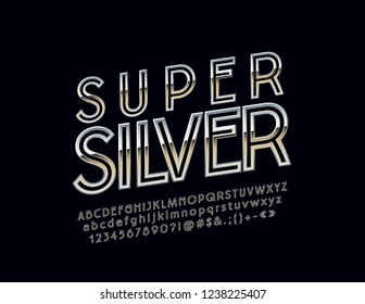 Vector set of Super Silver Alphabet Letters, Numbers and Symbols. Metallic gradient Font.