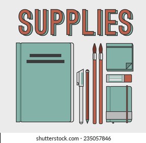 Vector set of supplies in line art