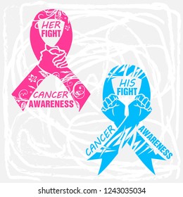 Vector set to support cancer, blue ribbon for his, pink ribbon for her. EPS 10