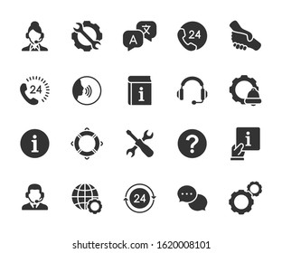 Vector set of support service flat icons. Contains icons of information, help, voice assistant, translator, setting, phone assistant, online chat and more. Pixel perfect, scalable 24, 48, 96 pixels.