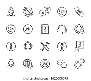 Vector set of support service line icons. Contains icons of information, help, voice assistant, translator, setting, phone assistant, online chat and more. Pixel perfect, scalable 24, 48, 96 pixels.