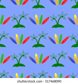 Vector Set of Surfboards Isolated on Blue Background. Seamless Sport Pattern