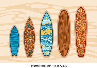 Vector set of surfboards on a brown background. Some image on a boards with elements of surfing.