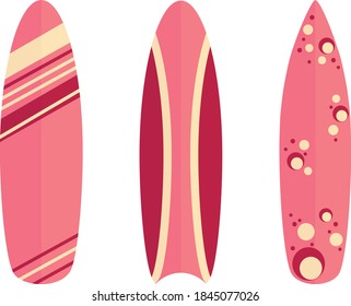 Vector set of surfboards, pink striped flowers and mugs, flat illustration