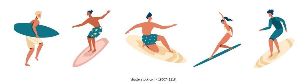 Vector set of surfers. Cool young people are surfing. Girls and boys are surfing.