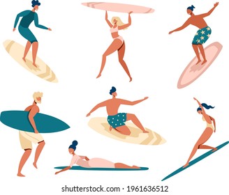 Vector set of surfers. Cool young people are surfing. Girls and boys are surfing.