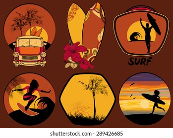 Vector Set of Surfing Design beach and ocean style badges and emblems