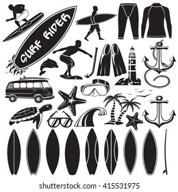 Vector set of surfing design elements - surfers, surf board, swim suit, palms, dolphin, turtle, anchor, different surf shapes, car with surfboards.