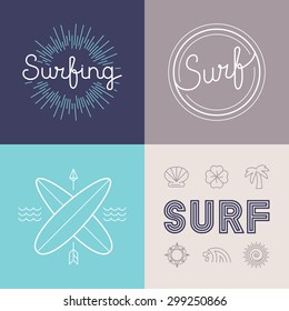 Vector set of surfing logo design templates in trendy linear style - summer and surf concepts