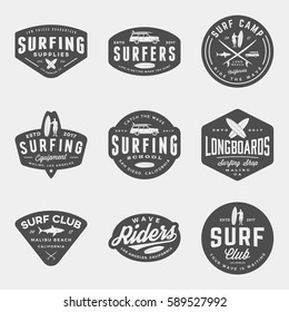 vector set of surfing logos, emblems and design elements.  surf logotype templates and badges
