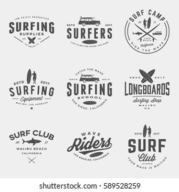 vector set of surfing logos, emblems and design elements.  surf logotype templates and badges