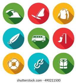 Vector Set of Surfing and Windsurfing Icons. Wave, Board with a Sail, Wetsuit, Surfboard, Minivan, Wind, Lifebuoy, Knot, Life Jacket.