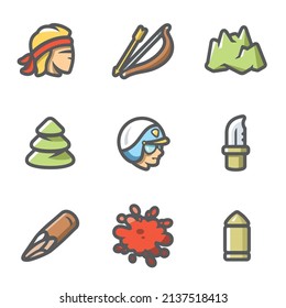 Vektorset des Überlebens in den Wäldern und Bergen Ikonen. Kriminell, Bow, Arrow, Top, Baum, Polizist, Messer, Zähl, Blut, Kugel.