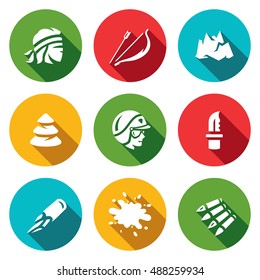 Vector Set of Survival in the forest and mountains Icons. Criminal, Bow, Arrow, Top, Tree, Cop, Knife, Count, Blood, Bullet.