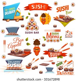 Vector set with sushi banners, icons, logo and illustrations.