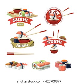 vector set of sushi banners, labels logo isolate on white background.