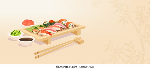 Vector of a set of sushi on wooden tray. Asian food concept