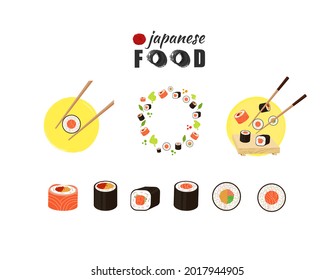 Vector Set of Sushi and Rolls, Japanese Food Icons Collection Isolated on White Background, Logo Templates.