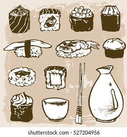 Vector Set Sushi rolls and japanese seafood l with salmon, smoked eel, selective food vector. Asia cuisine restaurant delicious. Illustration for menus, recipes and packages product
