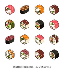 Vector set sushi rolls, traditional asian food, japanese cuisine. Sushi with rice, tempura shrimp, cream cheese, cucumber, caviar tobiko, soy sauce, sesame seeds. Ikura Gunkan Maki Sushi Illustration