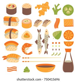 Vector set of  Sushi and Sashimi .  Included  Sushi  and Sashimi with Shiso leaves, soy sauce, wasabi, sticks, ect.. All objects are conveniently grouped and easily editable.