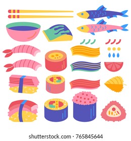 Vector set of  Sushi and Sashimi .  Included  Sushi  and Sashimi with Shiso leaves, soy sauce, wasabi, sticks, ect.. All objects are conveniently grouped and easily editable.
