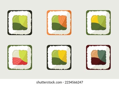 Vector set with sushi - vegan sushi and sushi with salmon - flat style illustration. Asian food