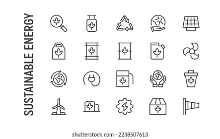 Vector set of sustainable energy thin line icons. Design of 20 stroke pictograms. Signs of sustainable energy isolated on a white background.