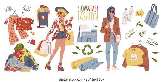 Vector set a sustainable fashion, focused on recycling and ethical consumption. It includes: second-hand clothes, reusable bags, a recycling plant and much more