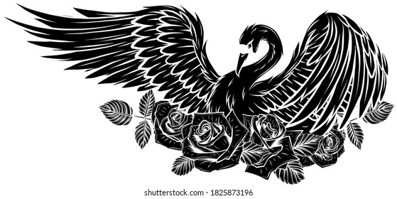 Vector Set of Swan and Roses. vector black silhouette