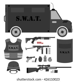 Vector Set Of Swat, Police Gear. Shield, Helmet, Shotgun, Submachine Gun, Sniper Rifle, Bullets, Three Variations Of Grenades, Bulletproof Vest, Police Bus And Pistol. Isolated Flat Style.