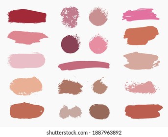 Conjunto vectorial de trazos de maquillaje de vectores. Belleza cepillado cosmético manchas de cepillo, colección de líneas de maquillaje, textura de labios aislado. Ilustración dibujada a mano.