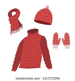 vector set with a sweater, hat, scarf, mittens