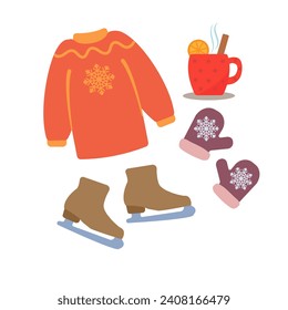 Vector Set. Sweater, Mittens, Skates, Mulled wine, Tea. Isolated objects on a white background.