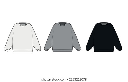 Vector set of sweatshirts in three colors white, gray and black. Technical outline drawing of a round neck sweatshirt. Sweatshirt, vector template.