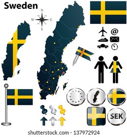 Vector set of Sweden country shape with flags and icons isolated on white background