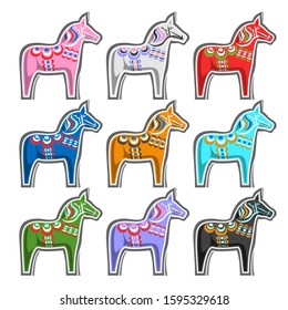 Vector set of Swedish wooden Horses, traditional symbol of Sweden - Dalecarlian horse or Dala horse, collection of 9 cut out swedish kids toys on white background.