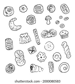 Vector set of sweet bakery products. isolated black contour cookies, dried, buns with poppy seeds, with jam, braided, cupcakes, croissants painted in doodle style on a white background for bakery desi