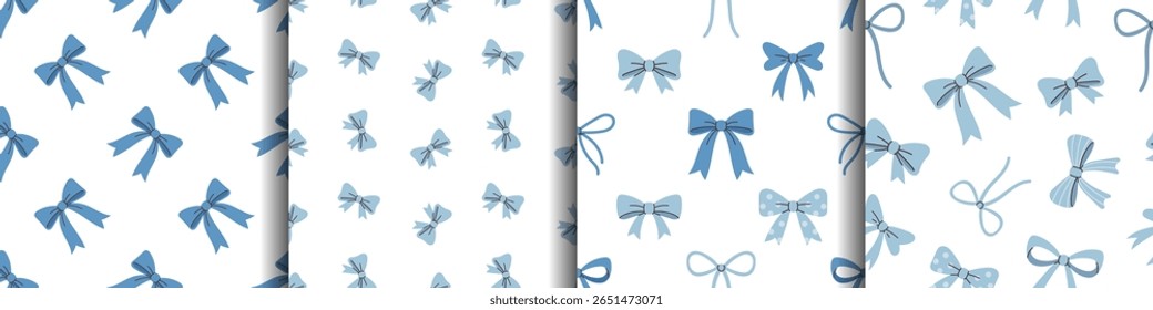 Conjunto de vetor de fundo de arco doce design plano. Azul coquette sem emenda padrões coleção para tecido, cartões, romance. Design de embrulho. Impressão em arcos bonitos.
