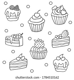 Vector set of sweet cakes with berries, coloring page for children and adults