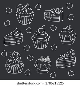 Vector set of sweet cakes with berries, white outline on a dark gray background