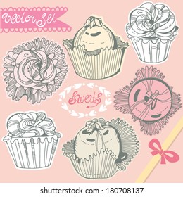 Vector set of sweet cakes in gentle colors.